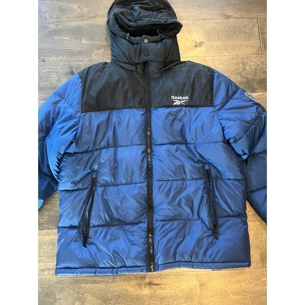 Mens Black & Night Blue Hooded Puffer Coat, XL - Picture 2 of 16